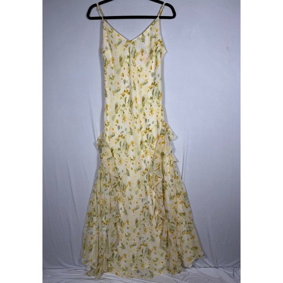 Forever 21 Floral Maxi Slip Dress Size Lg Yellow Green Ruffle Chiffon Ethereal - Picture 2 of 7